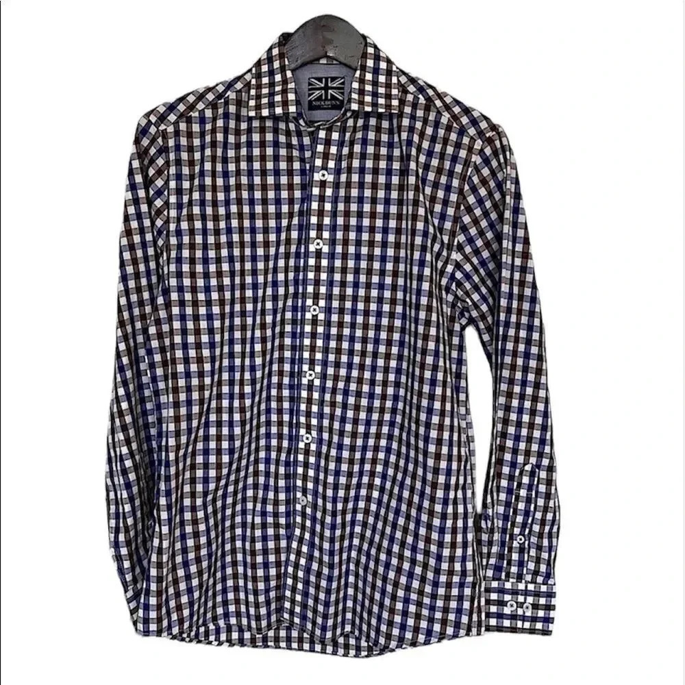 NICK Dunn fitted blue, long sleeve, button down, collared dress shirt size Small